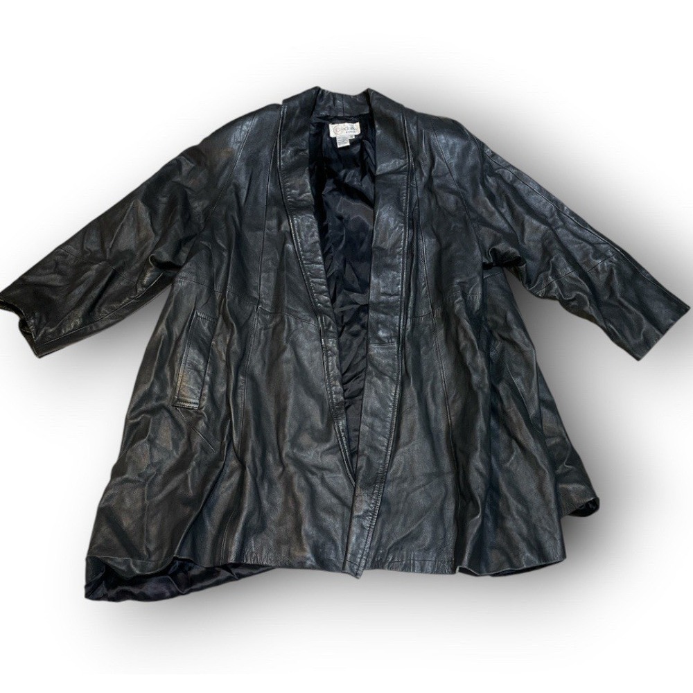 Vintage Cedars Woman Black Leather Jacket Coat 2X Open Front Duster Overcoat 90s